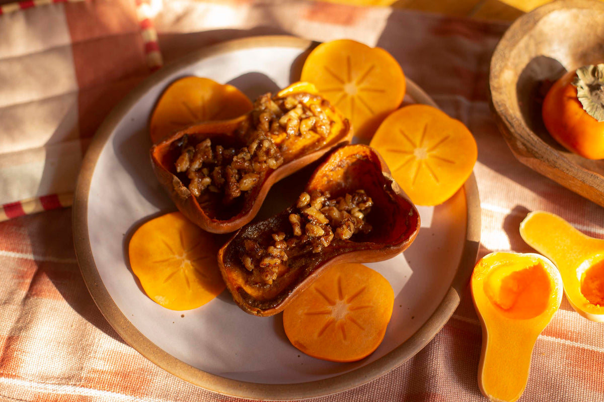 Maple Brandied Apple Roasted Honeynut Squash with Spiced Candied Walnu | Rhea Goods